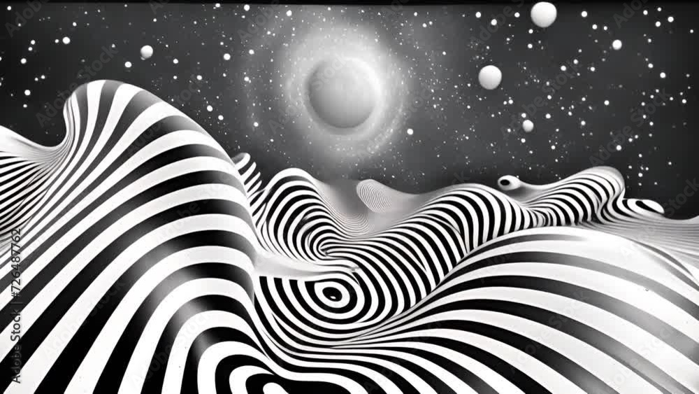 Phychedelic animation landscape background. Black and White Optical Illusion Tunnel Psychedelic Stripes Lines Seamless VJ Loop Motion Background Animation moving