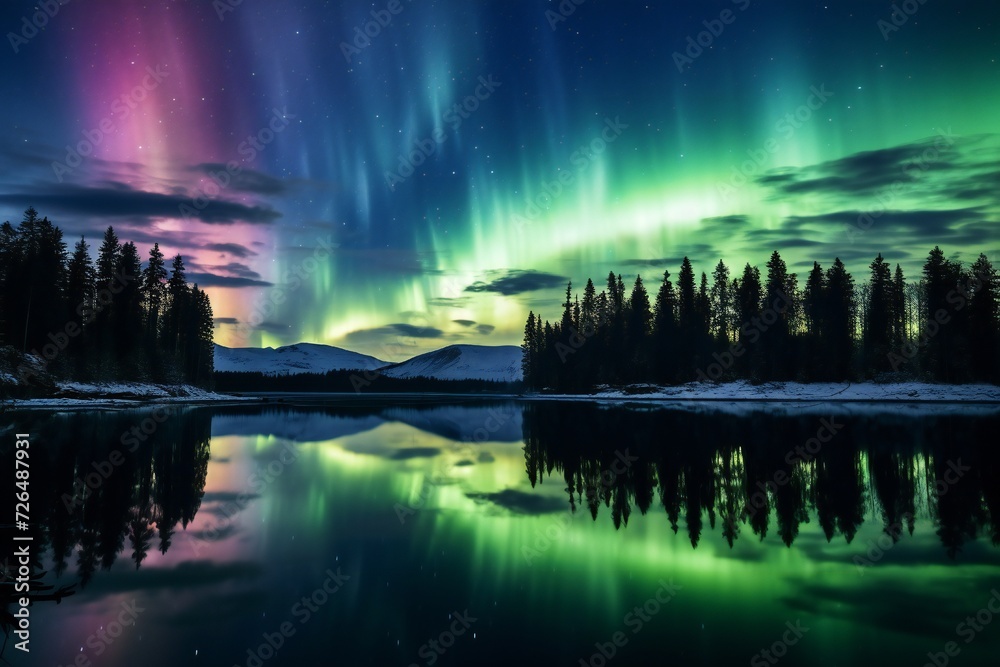 Fototapeta premium Aurora reflecting over a lake Generative Ai