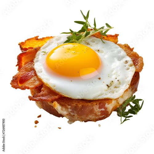 Sunny side up egg on white plate top view on png background. Fried egg with vegetable and soya sauce for breakfast photo