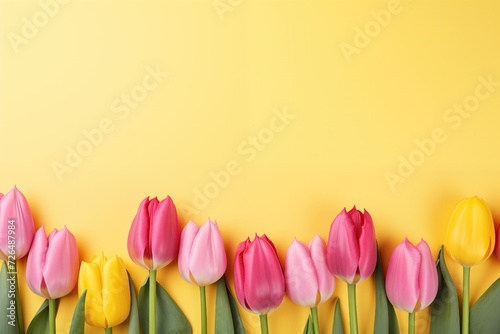 colorful bouquet of tulips flat lay on a light yellow background with copy space.