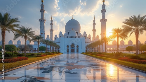 A Large White Mosque Surrounded by Palm Trees