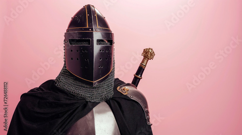 A knight, clad in shining armor and a cape, stands proudly against a wall, resembling a modern-day darth vader with their breastplate and cuirass, exuding a sense of strength and mystery within the i photo