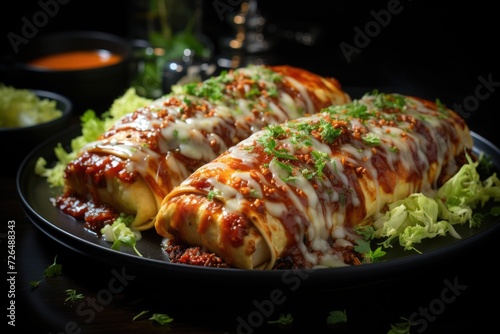 Delicious chicken pancake stuffed with chicken and covered with tomato sauce and P, generative IA