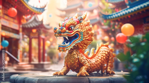 Banner with gold dragon,bokeh background of China street of city. Chinese New Year decoration close up of dancing dragon on festive background
