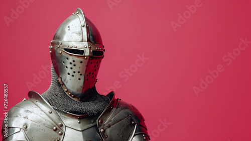 A knight clad in a breastplate and cuirass, donning a helmet as their armor, prepares for battle with their sturdy and protective clothing photo