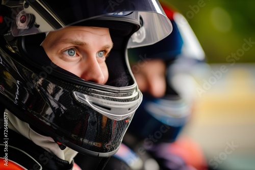 helmeted racer with focused expression at the starting line