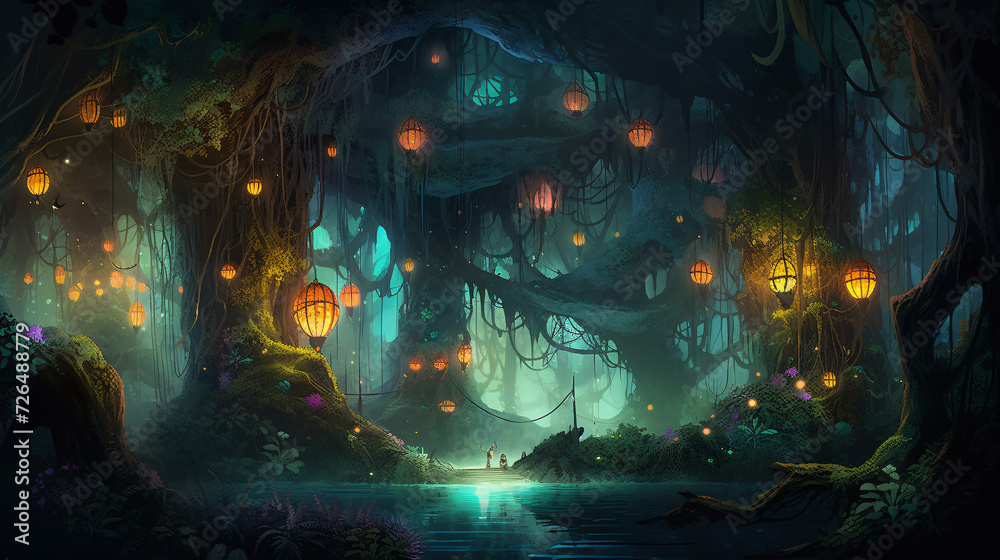 Lantern-lit Realm Explore an Ancient Forest with Twisted Trees Hosting Traditional Lanterns, Creating a Magical Atmosphere.