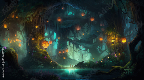 Lantern-lit Realm Explore an Ancient Forest with Twisted Trees Hosting Traditional Lanterns  Creating a Magical Atmosphere.