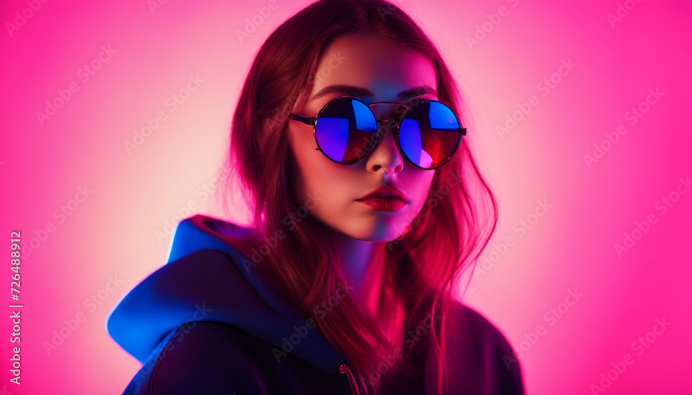 Stylish girl in pink blue neon light in the studio Stylish girl in pink blue neon light in the studio