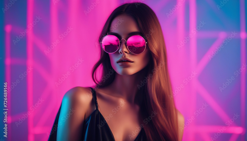Stylish girl in pink blue neon light in the studio Stylish girl in pink blue neon light in the studio