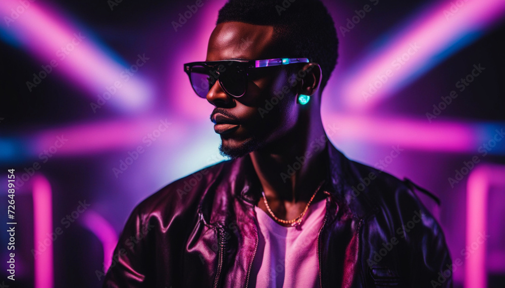 Stylish African American male in sunglasses in neon light in the studio Stylish African American male in sunglasses in neon light in the studio