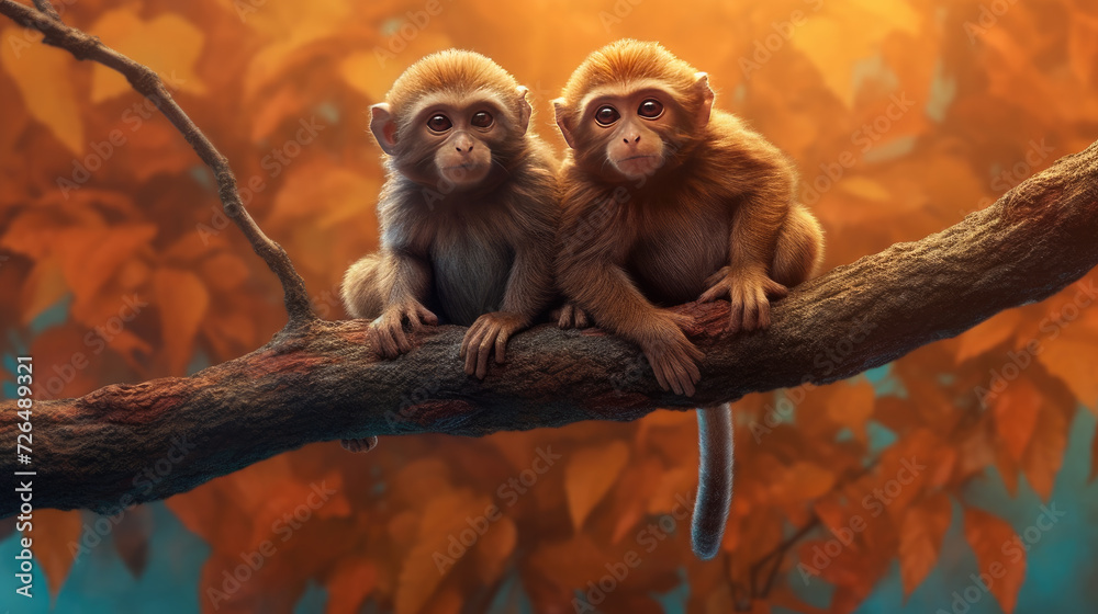 Obraz premium Two Monkeys Sitting on a Tree Branch - Generative AI