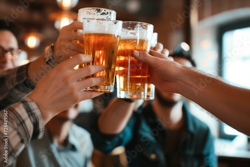 group of men toasting with beer glasses in a bar