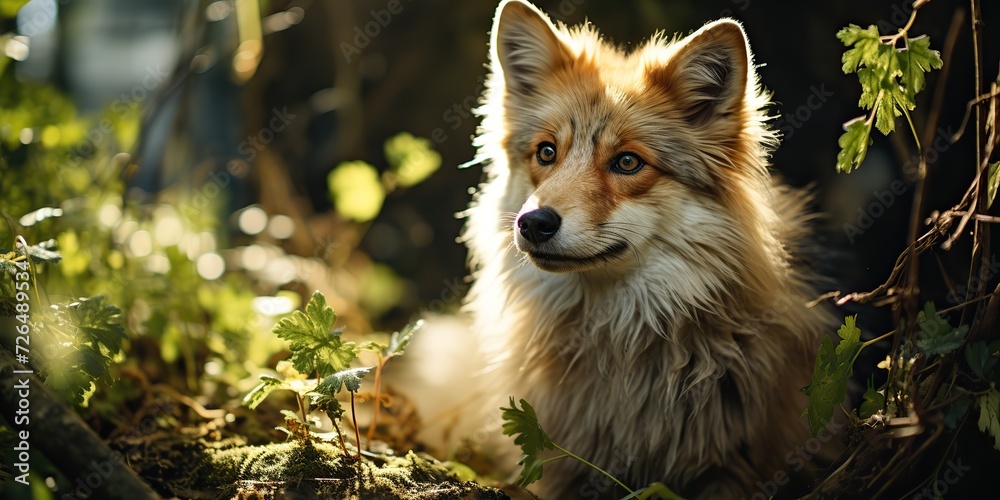 Wild red orange fluffy fox in the wild forest nature background. Hunter predator outdoor Wild red orange fluffy fox in the wild forest nature background. Hunter predator outdoor