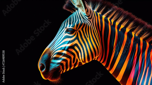 Close-up of a Colorful Zebra on a Black Background - Generative AI