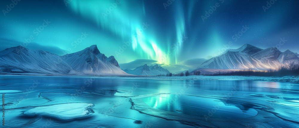 Spectacular Northern Lights Over Snow-Capped Mountains Reflecting on a Frozen Lake