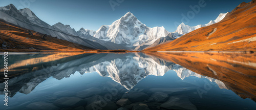 Majestic Peaks and Autumn Foliage Reflected in the Crystal Waters of a Mountain Lake