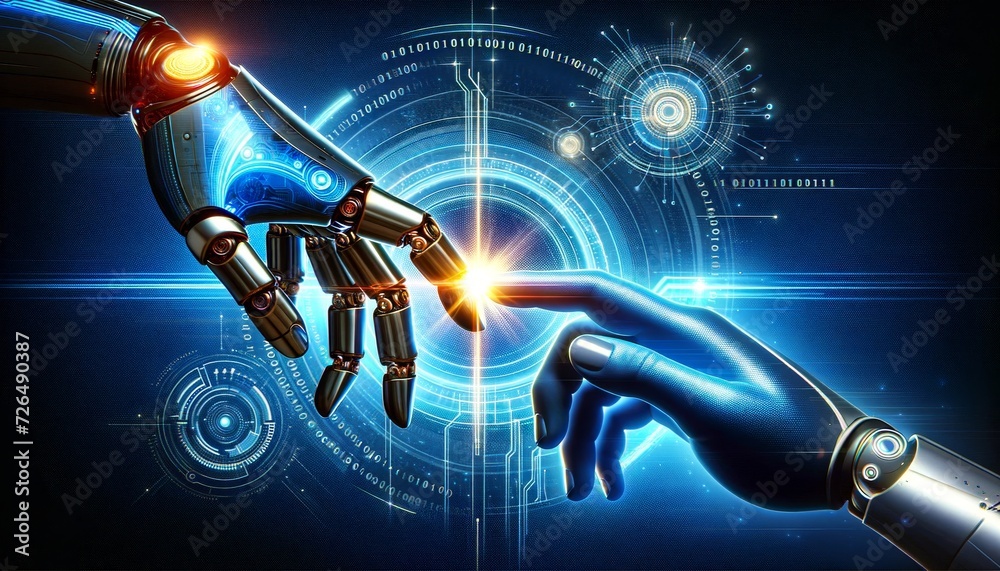 a robotic hand reaching out to a human hand, with their fingertips touching a robotic hand reaching out to a human hand, with their fingertips touching