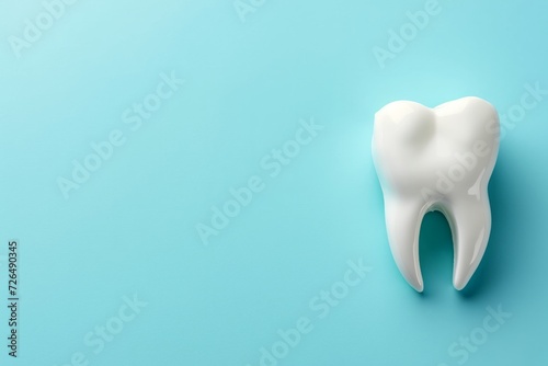 Pastel blue postcard with a white fake tooth, concept of dentistry, dental care and international dentist day celebration with copyspace for text