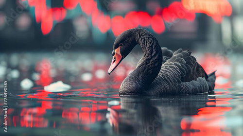 Fototapeta Naklejka Na Ścianę i Meble -  Black swan floating on the water, things that cannot be predicted or predicted such as crisis in stock market or cryptocurrency