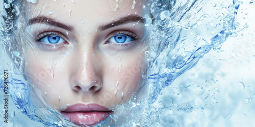 Beautiful young woman face with splashes of water. Face care, cosmetology, beauty treatment and spa concept. 