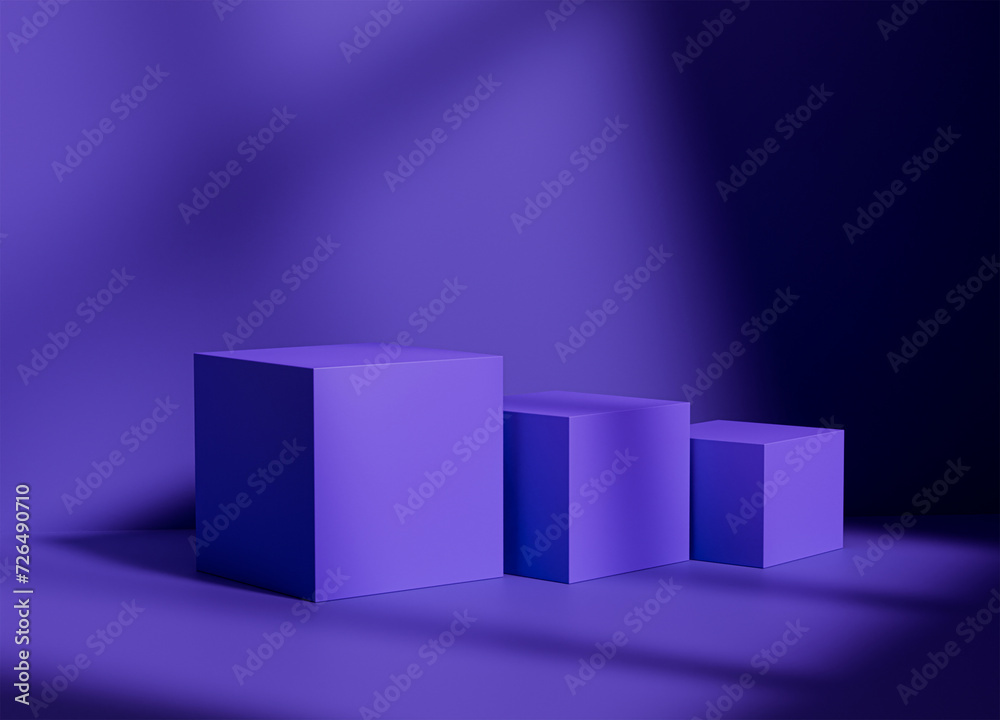 Purple cube podium or platform for mockup for product display with shadows and light. Empty podiums. Mockup Purple cube podium or platform for mockup for product display with shadows and light. Empty podiums. Mockup
