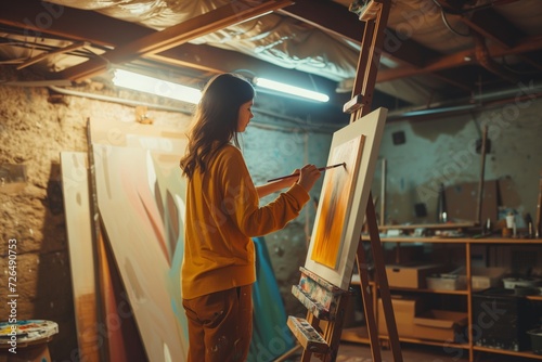 woman painting on an easel in a naturally lit basement studio