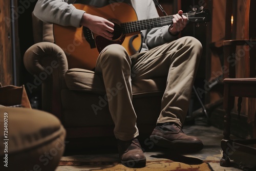 musician playing an acoustic guitar sitting on an armchair in the basement