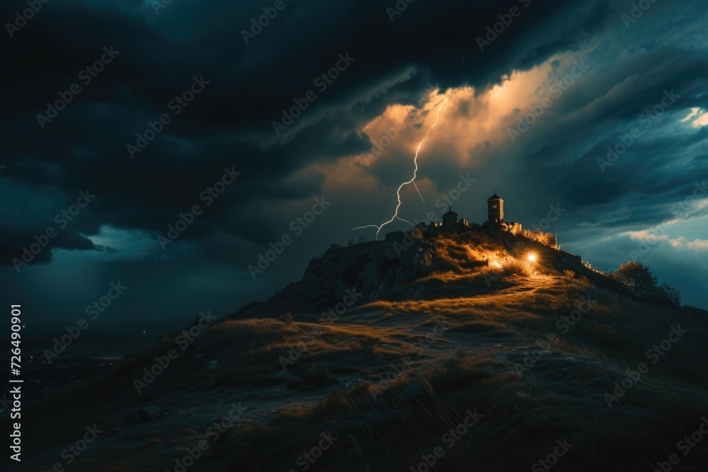 A majestic castle sits atop a hill with a dramatic cloudy sky in the background. Perfect for illustrating a fairytale setting or a historical landmark.