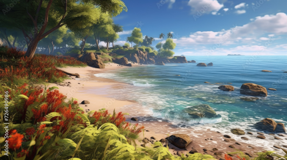 Fototapeta premium Tropical Beach with Lush Vegetation and Ocean View - Generative AI