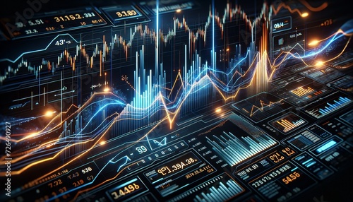 dynamic and detailed stock market data visualization with glowing digital graphs, bars, and numerical data