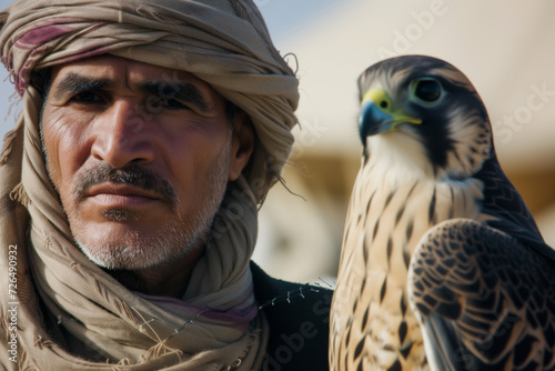 portrait of a man in headscarf with a falcon