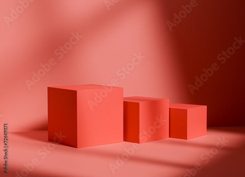 Red cube podium or platform for mockup for product display with shadows and light. Empty podiums. Mockup