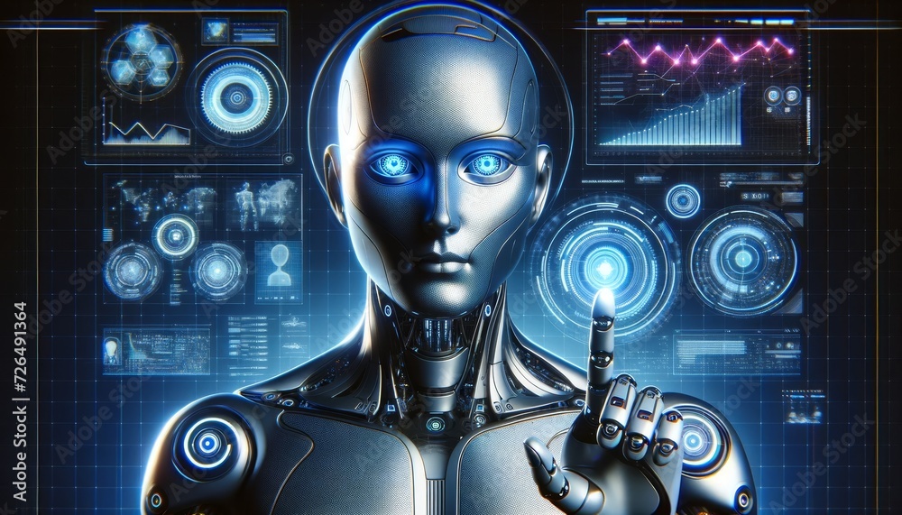 futuristic humanoid robot interacting with advanced holographic ...