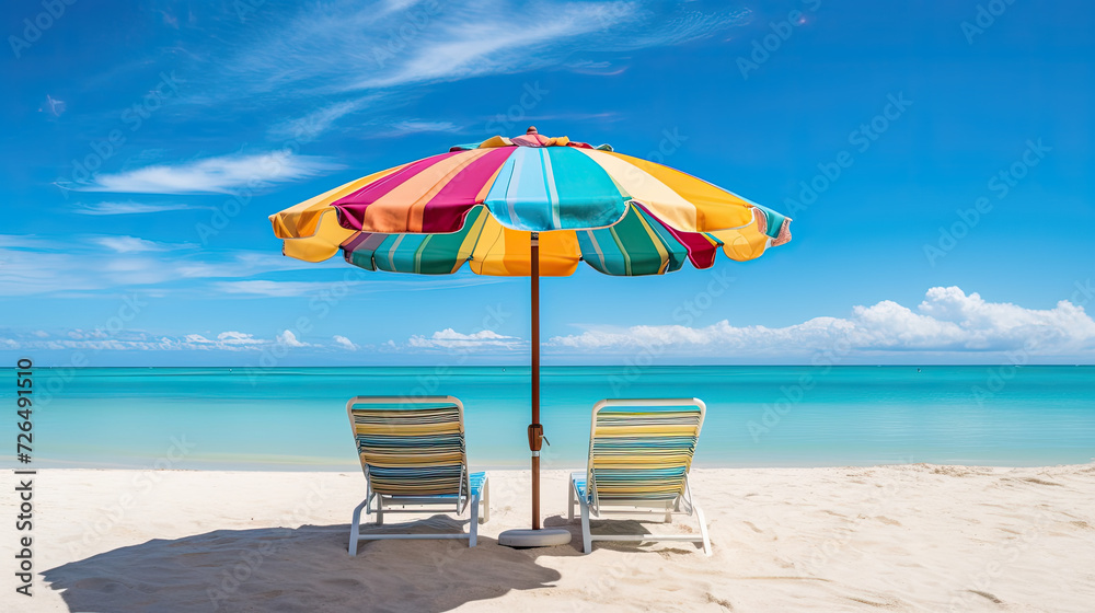 Colorful Umbrella and Chairs on a Sunny Beach - Generative AI Colorful Umbrella and Chairs on a Sunny Beach - Generative AI