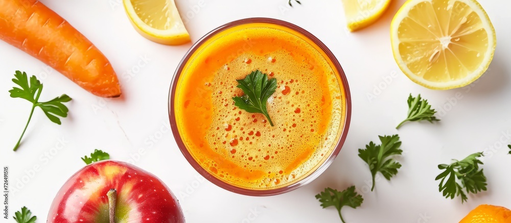 Carrot drink with apple, lemon, and parsley on white background. Carrot drink with apple, lemon, and parsley on white background.
