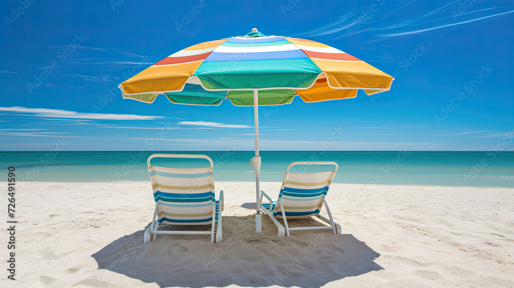 Colorful Umbrella and Chairs on a Sunny Beach - Generative AI