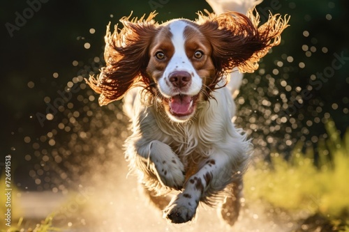 Cocker Spaniel running in a wheat field,open mouth ears developing,cheerful dog running fast looking at the frame,spots on paws,splashing water photo