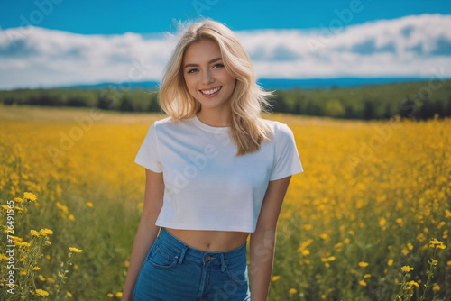 Young blonde woman 20 years old in jeans and a white T-shirt in a field with green grass under a blue sky with fluffy clouds. Generative Ai