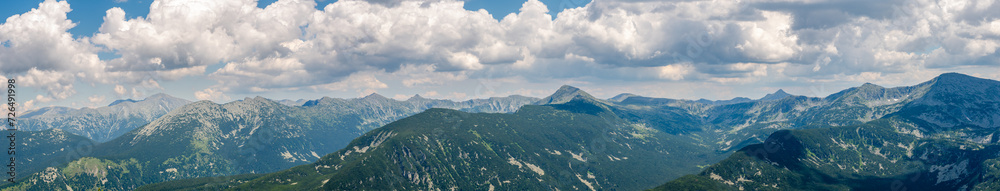 Panoramic banner view of Rila mountain peaks, Bulgaria.
