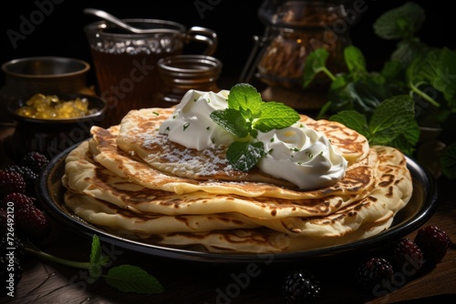 Fine pancakes or crepes with cottage cheese  raisins  honey and sour cream  generative IA
