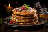 Tempting pancakes on a rustic wooden table, an irresistible variety of delights fo, generative IA