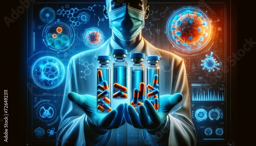 A close-up of a pair of hands, wearing holographic gloves, holds three transparent vials containing glowing orange and blue capsules.