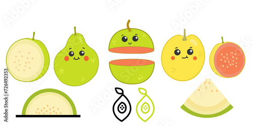 guava fruit cute cartoon,pink guava, yellow guava, guava icon,cartoon set vector isolated