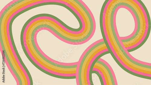 Hand drawn groovy background with curved rainbow stripes. Trendy abstract panoramic template in retro 60-70s style for design banner, advertisements, presentations, discounts, sale, social media