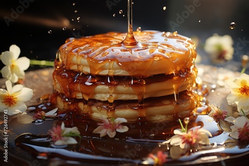 Battery of sweet pancakes with chocolate syrup generated by AI, generative IA