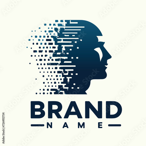 Logo: stylized human head, fragmented right side. Bold brand name, catchy tagline