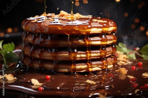 Battery of sweet pancakes with chocolate syrup generated by AI, generative IA