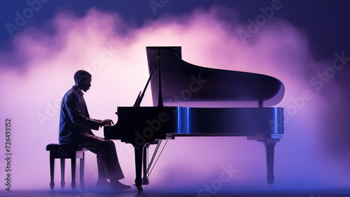 Silhouette of a male classical music pianist playing a grand piano at a musical performance in a concert hall which could be used as a poster or flyer, stock illustration image photo