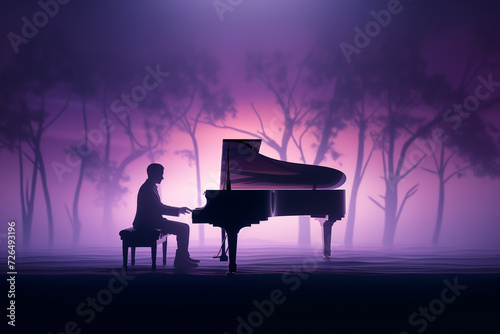 Silhouette of a male classical music pianist playing a grand piano at a musical performance in a concert hall which could be used as a poster or flyer, stock illustration image  photo